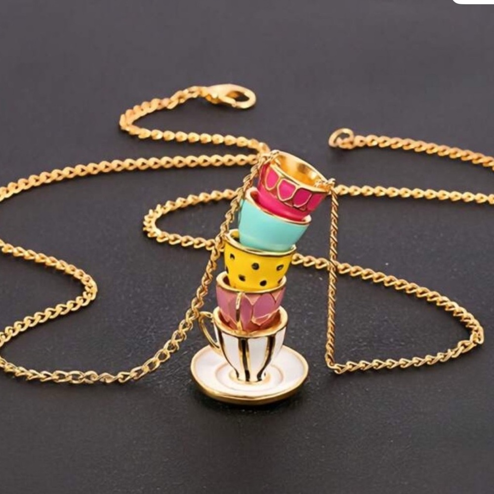 Teacup metal beads jewelry gold tea cup saucer charm pendant Kate Spade necklace - Picture 2 of 8